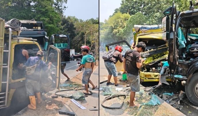 Kecelakaan lalu lintas dump truk dan truk, terjadi di Jalan Raya Bungursari. (HaloPWK)