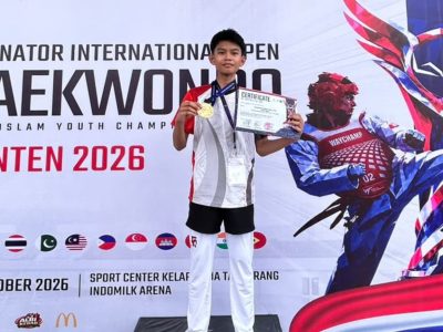 Muhammad Ridwan Abdul Aziz, siswa SMP Negeri 1 Purwakarta, berhasil meraih medali emas dalam ajang Pugnator International Open Taekwondo. (HaloPWK)