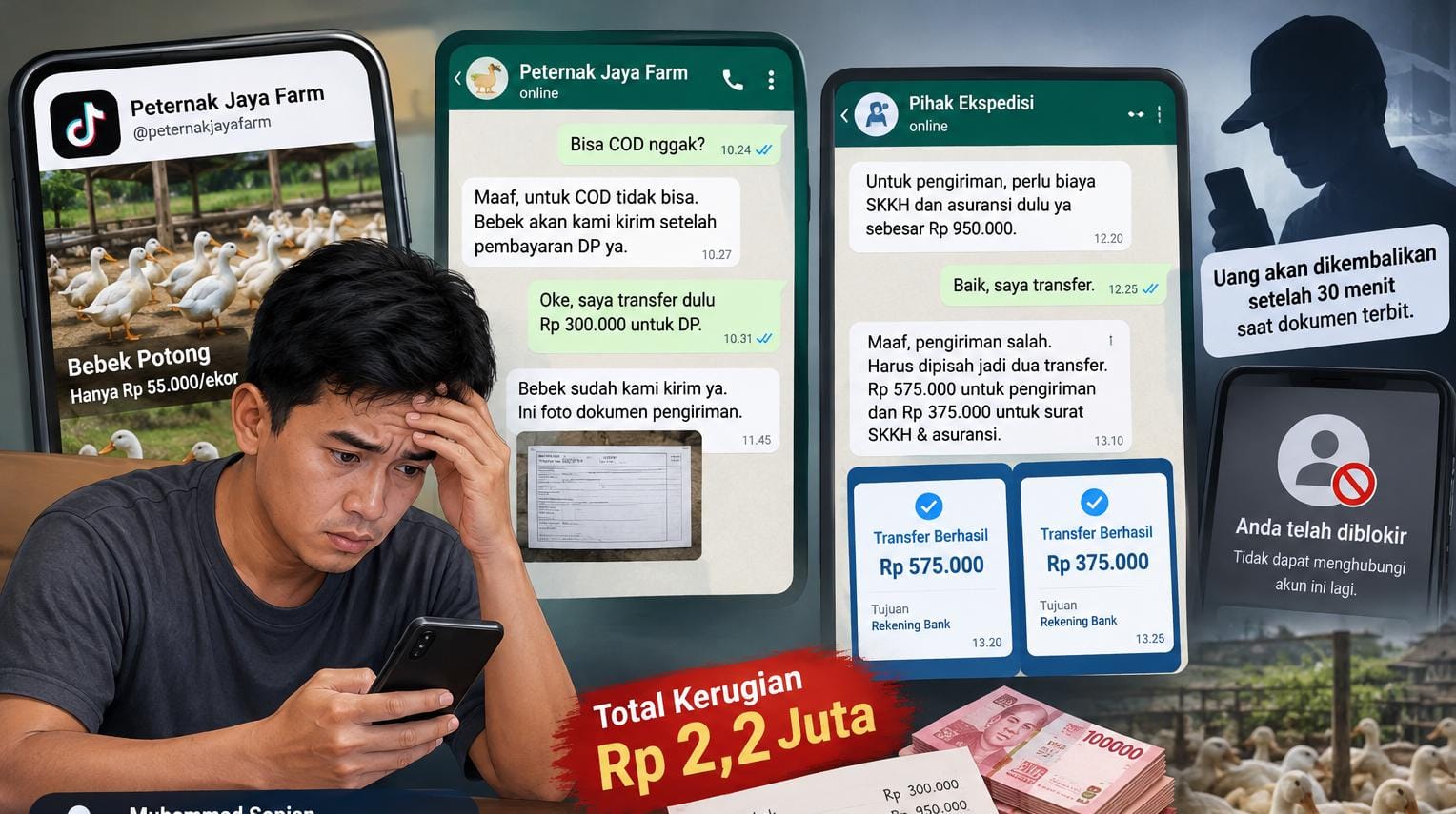 Foto ilustrasi: Dugaan penipuan saat membeli bebek melalui akun TikTok bernama Peternak Jaya Farm. (HaloPWK)